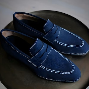 Handcrafted Blue Suede Penny Loafer Slip-On Shoes for Men | Casual & Stylish Footwear