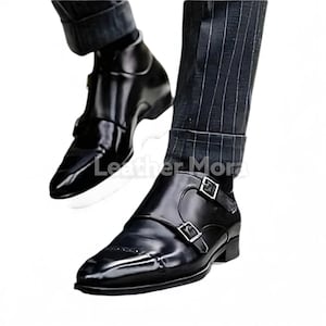 Handmade Black Leather Double Buckle Monk Strap Dress Boots – Men’s Formal Footwear for Office, Business & Party Wear image 1