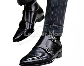 Handmade Black Leather Double Buckle Monk Strap Dress Boots – Men’s Formal Footwear for Office, Business & Party Wear