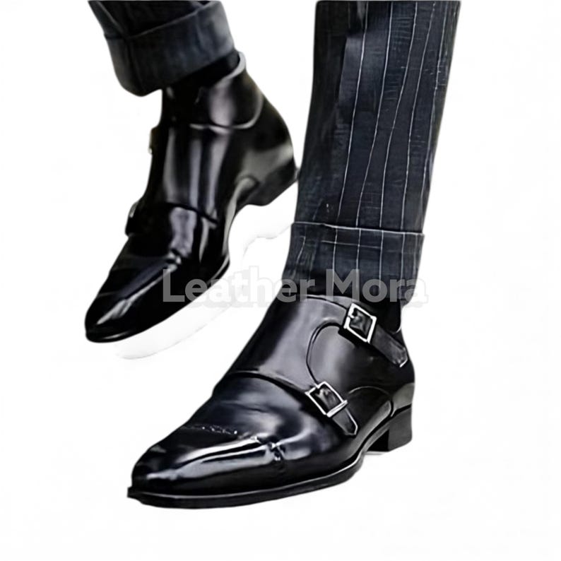 Handmade Black Leather Double Buckle Monk Strap Dress Boots – Men’s Formal Footwear for Office, Business & Party Wear image 1