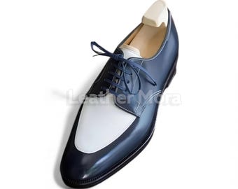Handmade Leather Oxford Shoe: Men's Blue & White Wingtip Dress Shoe