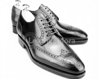 Handmade Black Leather Oxford Brogue Shoes – Men’s Wingtip Dress Shoes, Formal Leather Footwear for Business, Office & Party