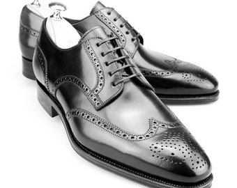 Men’s Handmade black leather Oxford shoe,Men wingtip black leather dress brogue shoe