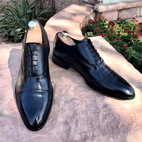 Handmade Black Patent Leather Dress Shoes for Men Oxford Wingtip Style
