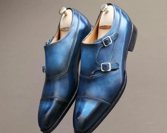 Scarpa da uomo con doppia fibbia in pelle blu fatta a mano con doppia fibbia, scarpe formali da uomo