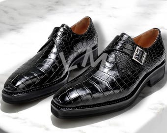 Handmade Black Crocodile-Embossed Leather Single Buckle Dress Shoes for Men | Business & Formal Wear
