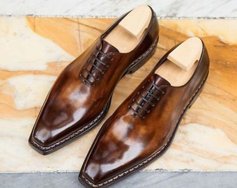 Men’s Handmade Oxford one piece patina leather laces shoes, Men’s dress up official shoe