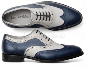 Men’s Navy and White Leather Oxford Brogue Shoes – Two-Tone Wingtip Dress Shoes, Formal Office, Business & Party Footwear