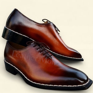 Handmade Patina Leather Oxford Shoes – Burnished Red to Black Gradient Finish Men’s Formal Dress Footwear
