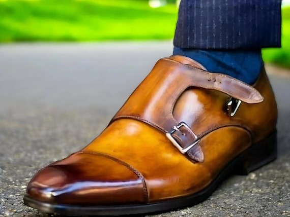 Handmade Men s Shaded Tan Double Monk Strap Business Shoes Real Leather Shoes Etsy