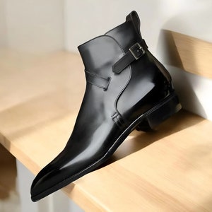 New Handmade Men&#39;s Jodhpurs Black Cowhide Leather Ankle High Dress Formal Boots
