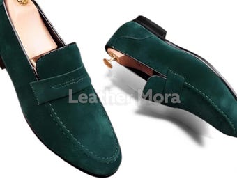 Handgemaakte groene suède penny loafer instapschoenen voor heren – stijlvolle vrijetijds- en formele kleding, kantoor- en feestkleding