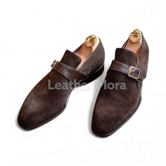 Men’s Handmade Brown Suede Leather Single Monk Strap Shoe – Formal Dress Footwear for Business, Office & Party Wear