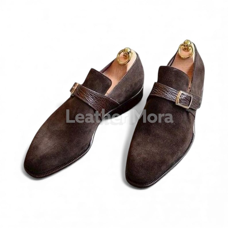 Men’s Handmade Brown Suede Leather Single Monk Strap Shoe – Formal Dress Footwear for Business, Office & Party Wear image 1