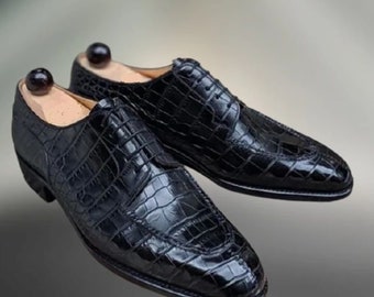 Men’s Handmade Black Alligator Oxford shoes,Men’s crocodile embossed Oxford shoes