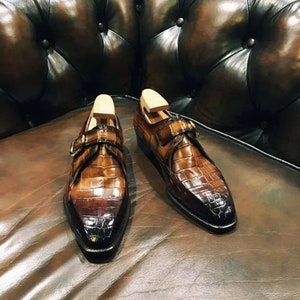 Handmade Brown Crocodile Print Leather Dress Shoes: Single Buckle