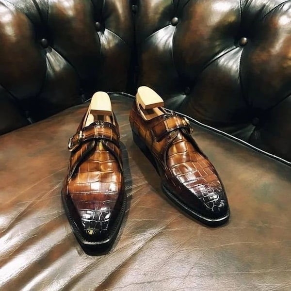 Men’s Handmade brown patina crocodile print leather single buckle strap dress shoes,men’s dress up formal shoe
