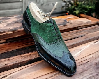 Handmade Men's Wingtip Oxford Shoes in Green Leather