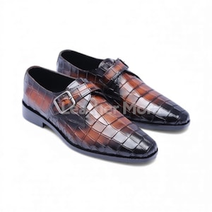 Handmade Brown Alligator-Embossed Leather Single Buckle Shoes – Crocodile Pattern Men’s Formal Dress Footwear for Office & Party