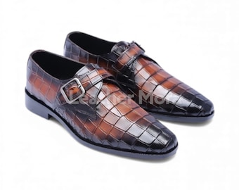 Handmade Brown Alligator-Embossed Leather Single Buckle Shoes – Crocodile Pattern Men’s Formal Dress Footwear for Office & Party