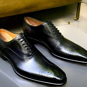 Men&#39;s Handmade Shoes Brogue Black Leather Casual Lace Up Formal Wear Dress Boots