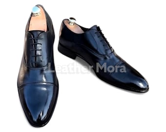 Handgemaakte zwarte lakleren kledingschoenen voor heren – Oxford vleugeltip-stijl formeel schoeisel voor zaken, bruiloften en feestkleding