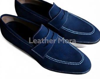 Mocasines de ante azul hechos a mano para hombre: calzado informal y elegante para la oficina, fiestas y uso diario.