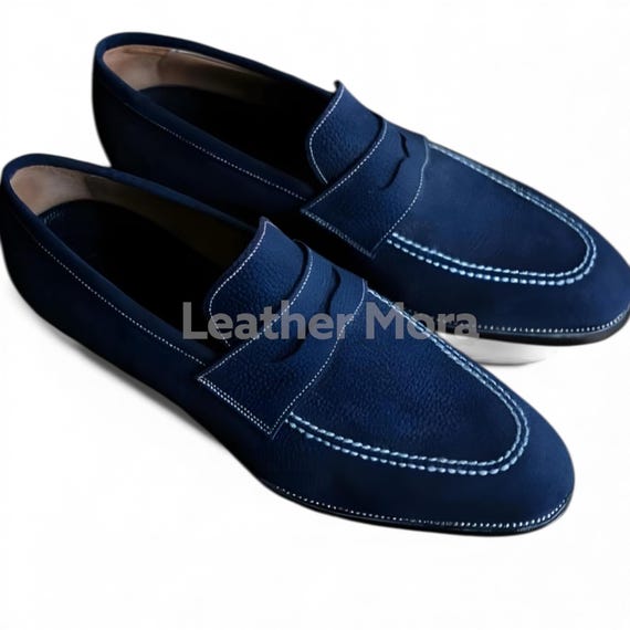 Handcrafted Blue Suede Penny Loafer Slip-On Shoes for Men – Casual, Stylish Dress Footwear for Office, Party, Everyday Wear