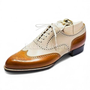 Handmade Men’s Two-Tone Tan & Cream Leather Oxford Brogue || Dress Shoes for Business, Formal And Party Wear Stylish Men Footwear’s