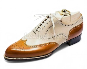 Handmade Men’s Two-Tone Tan & Cream Leather Oxford Brogue || Dress Shoes for Business, Formal And Party Wear Stylish Men Footwear’s