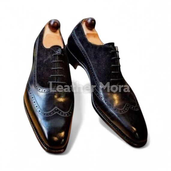 Men\'s Suede Black 1 Dress Shoes Leather Wingtip Formal Business Oxford Shoes Handmade Men Black Suede Wingtip Shoes, Black Formal Shoes  main image 4