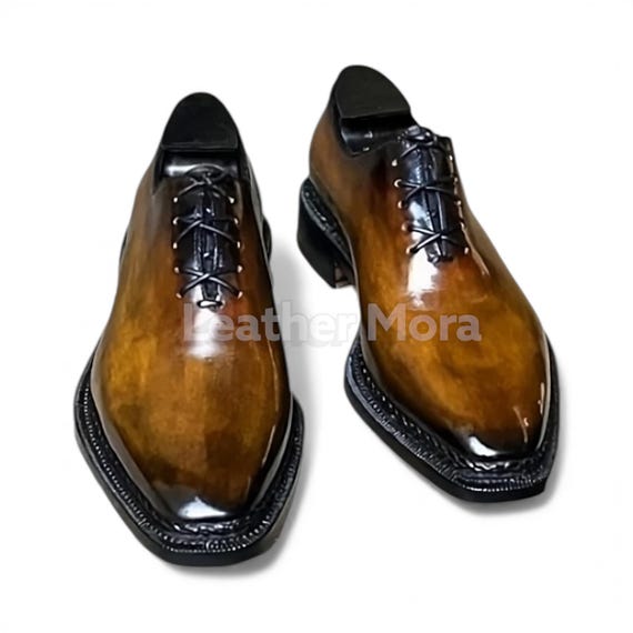 Handmade Patina Oxford Dress Shoes – One-Piece Calf Leather, Square Toe Men’s Formal Footwear for Office, Business & Party