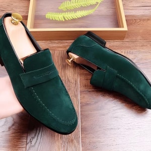 Handcrafted Green Suede Penny Loafer Slip-On Shoes for Men | Casual & Stylish Footwear