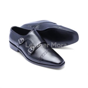 Handmade Black Leather Double Buckle Monk Strap Dress Boots – Men’s Formal Footwear for Office, Business & Party Wear image 3