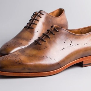 Handcrafted Men&#39;s Brown Leather Oxford Shoes with Patina Finish | Classic Goodyear Welted Dress Shoes