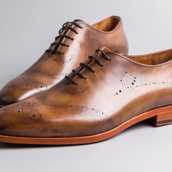 Handcrafted Men's Brown Leather Oxford Shoes with Patina Finish | Classic Goodyear Welted Dress Shoes