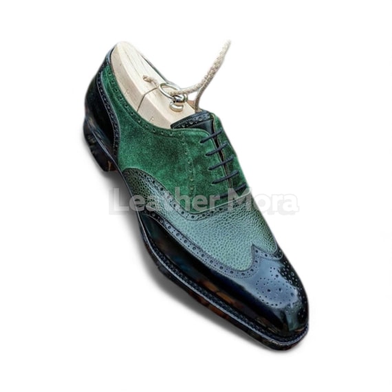 Handmade Men's Wingtip Oxford Shoes in Green Leather - Luxury Bespoke Footwear