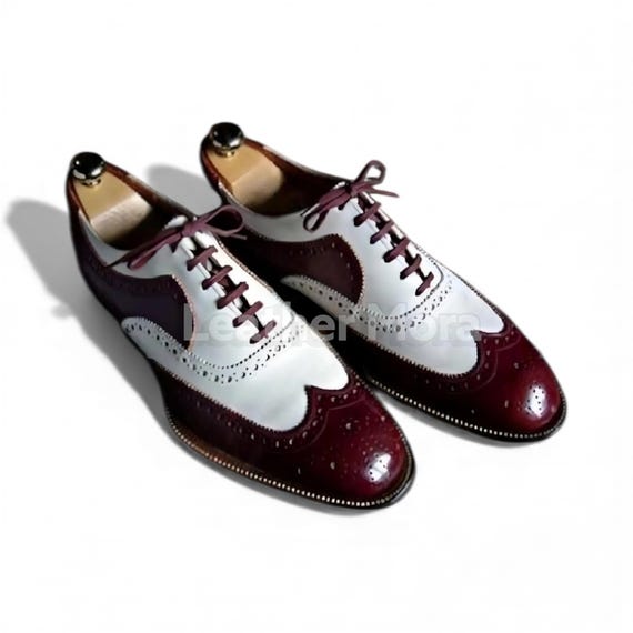 Men’s Handmade White and Burgundy Leather Oxford Wingtip Brogue Lace-Up Shoes – Formal Dress Footwear for Office, Business & Party