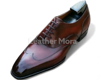 Handmade Men’s Burgundy Leather Wingtip Oxford – Lace-Up Dress Shoes for Formal, Wedding, Business & Party – Custom Classic Gift