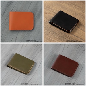 Carteras plegables de cuero hechas a mano: colores caoba, verde oliva, negro cósmico y tostado, tostado italiano