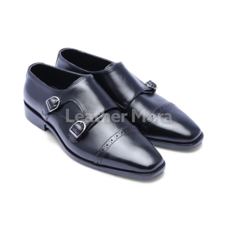 Handmade Black Leather Double Buckle Monk Strap Dress Boots – Men’s Formal Footwear for Office, Business & Party Wear image 2