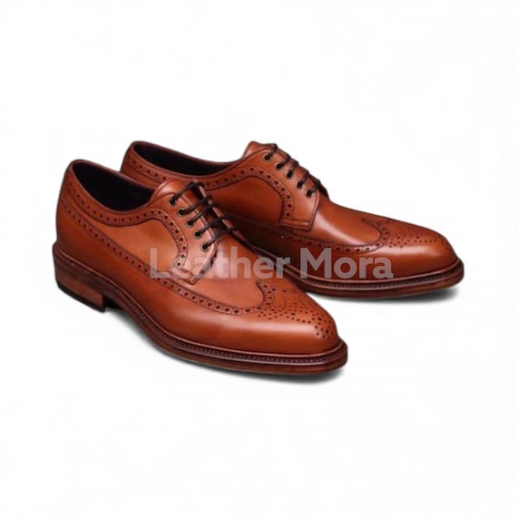 Handmade Tan Leather Oxford Brogue Dress Shoes – Classic Wingtip Formal Men’s Footwear