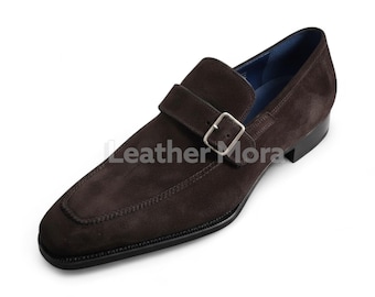 Handmade Men’s Brown Suede Single Monk Strap Shoes – Leather Dress Shoes – Classic Business Formal Footwear