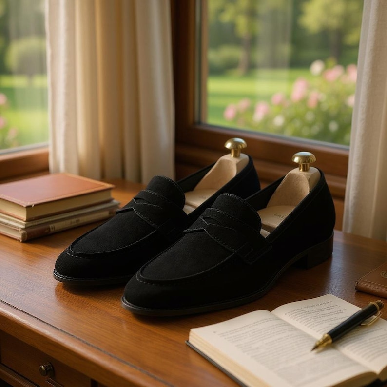 Handgemaakte zwarte suède penny loaferschoenen, handgemaakte leren instappers voor heren, klassiek casual en stijlvol schoeisel afbeelding 2