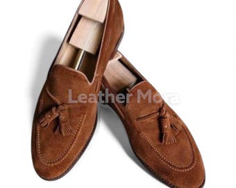 Handgemaakte bruine suède loafers met kwastjes – vintage herenschoenen, casual en formele kledingschoenen voor kantoor, feest en dagelijks gebruik