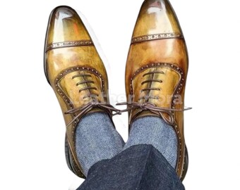Yellow Leather Oxford Shoes – Bespoke Handmade Men’s Cap-Toe Formal Dress Shoes, Office, Business & Party Footwear