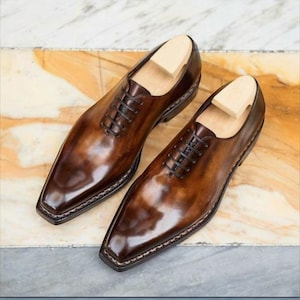 Men’s Handmade Oxford one piece patina leather laces shoes, Men’s dress up official shoe