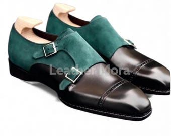 Men’s Green Suede & Black Leather Double Monk Strap Dress Shoes – Handmade Formal Footwear for Office, Business ,Party Wear