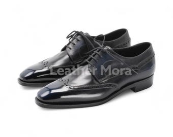 Scarpe eleganti da uomo nere fatte a mano con punta a coda di rondine – Scarpe Derby e Oxford in pelle brogue, calzature formali per ufficio, lavoro e feste