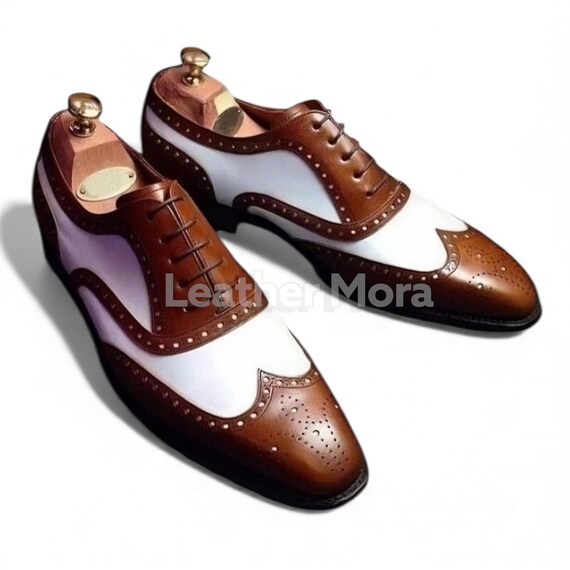 Men’s Handmade Two-Tone White & Brown Leather Shoes – Wingtip Brogue Dress Shoes, Formal Office and Party Footwear